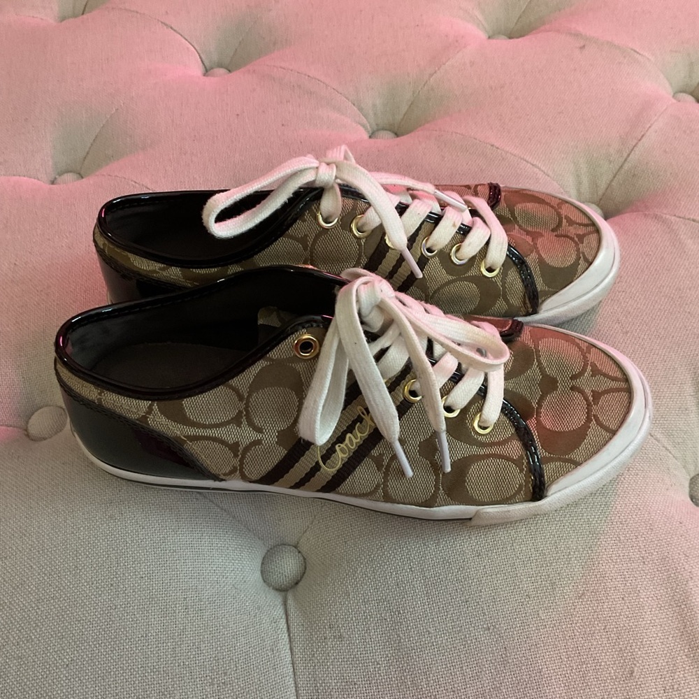 Coach Tan Monogram Lace-Up Sneakers SIZE 7 - Picture 3 of 7